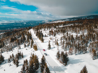 aerial view of snowed road in tatra mountains