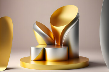 Metal color podium, reflection, geometric shapes, art deco, pastel colors. Showcase for beauty product. 3d render