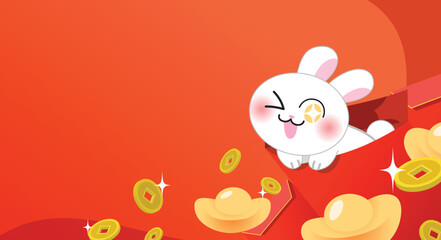 Chinese new year of the rabbit greeting card template. CNY 2023. Spring festival or lunar new year celebration background. Zodiac rabbit in red envelope with golden sycees ingots and coins.