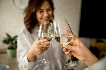 Happy friends toasting glasses at home