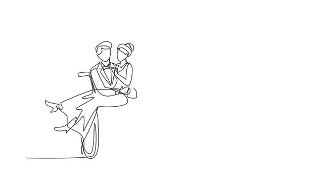 Animated self drawing of continuous line draw disabled man carrying woman in wheelchair. Couple at wedding celebration. Positive man with special needs in wheelchair. Full length one line animation