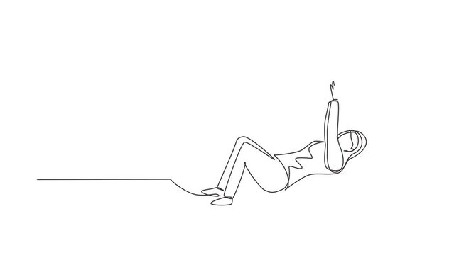 Self drawing animation of single one line draw physiotherapy rehabilitation composition with female lying on mat, lifting on rubber ball. Healthcare concept. Continuous line draw. Full length animated