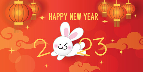 Happy Chinese New Year of rabbit 2023 greeting card. Spring festival or lunar new year celebration greeting card vector. CNY 2023. Cute zodiac rabbit on red background with red lanterns and clouds.