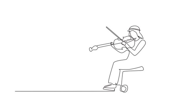 Animated self drawing of continuous line draw disability music. Man in wheelchair plays violin. Physically disabled. Person in hospital. Rehabilitation patient. Full length single line animation