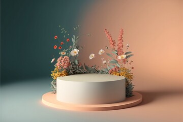 product showcase, floral round pedestal display, pink green blue background,  3d illustration template