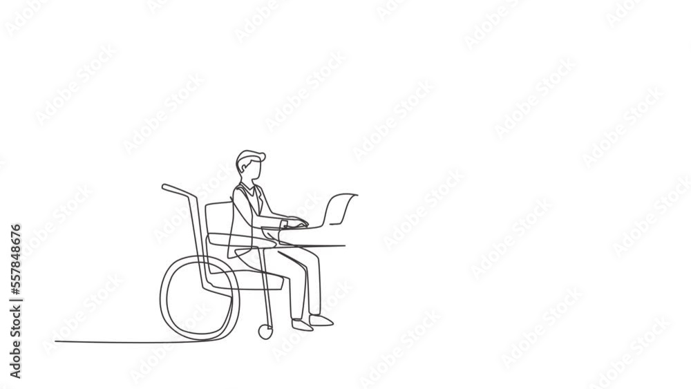 Aufkleber animated self drawing of single continuous line draw disabled handsome man in wheelchair playing pia