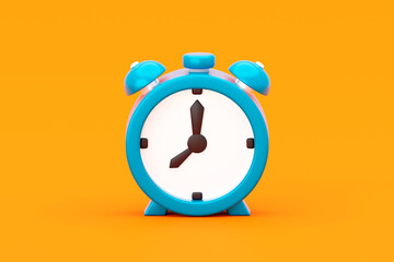 Blue minimal bell alarm clock 3d icon isolated on yellow background with awake morning timer watch reminder concept or blank classic analog round stopwatch and empty vintage ring alert hour deadline.