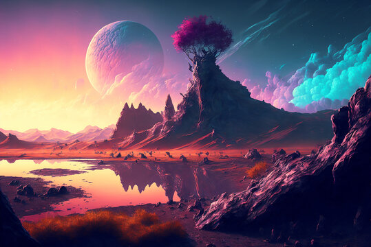 Fantasy landscape with big planet in the colorfull sky
