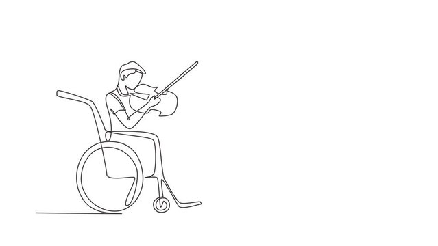 Animated self drawing of continuous line draw disability, music. Man in wheelchair plays violin. Physically disabled. Person in hospital. Rehabilitation center patient. Full length one line animation