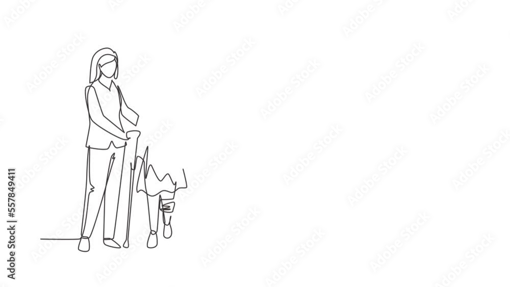 Aufkleber animated self drawing of continuous line draw patient learn walking using crutches with help of phys