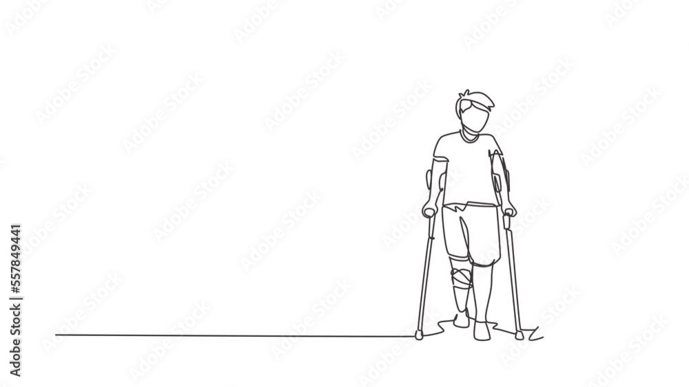 Aufkleber animated self drawing of continuous line draw patient learn walking using crutches with help of phys