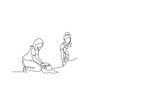 Animated self drawing of continuous line draw paramedic giving indirect heart massage first aid to patient. Saving lives, emergency accident. Health, care, teamwork. Full length single line animation
