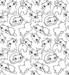 cute funny cat outline pattern seamless cartoon hand drawing black line isolated on white background vector