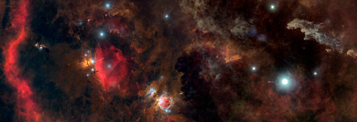 Panoramic view of Orion, Horsehead, Barnards Loop, Flaming Star and Witch Head nebulas