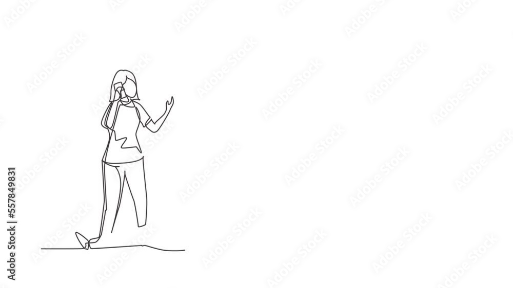 Poster animated self drawing of continuous line draw girl calls emergency. female has heart problems. passe