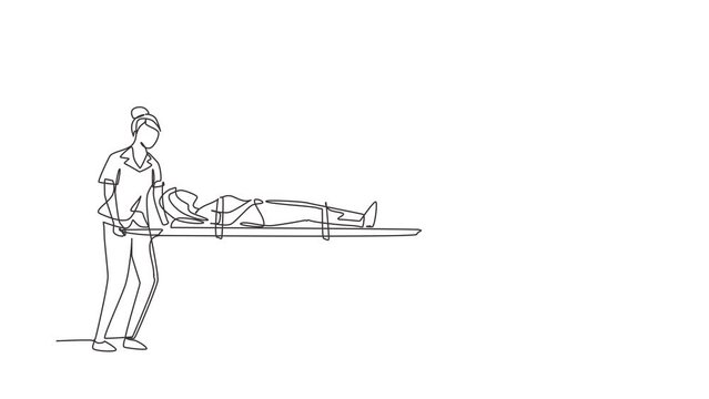 Animated self drawing of continuous line draw paramedic team of woman doctors moving with injured patient on stretcher to ambulance. Saving lives or emergency accident. Full length one line animation