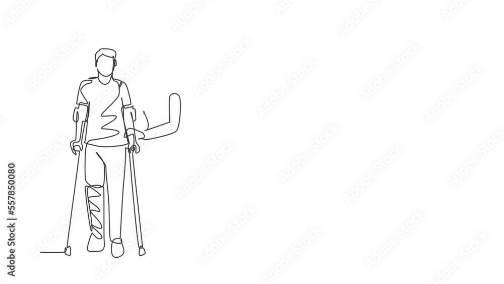 Poster self drawing animation of single line draw rehabilitation. patient learning to walk using crutches w