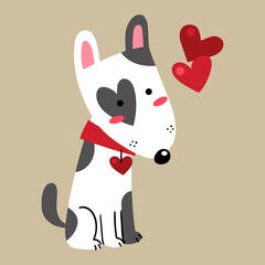 Illustration of a little dog in love, sitting on the ground and wearing a necklace with a heart, Valentine's drawing