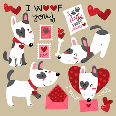 Illustration of a puppy playing with a bone in love, with hearts, a love letter and the phrase I woof you. Valentine's Drawings