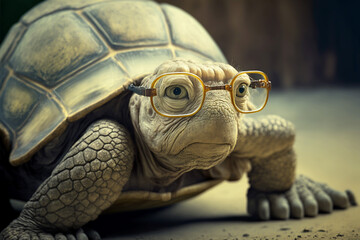 Close up portrait of a very old turtle wearing glasses, artwork created with generative ai
