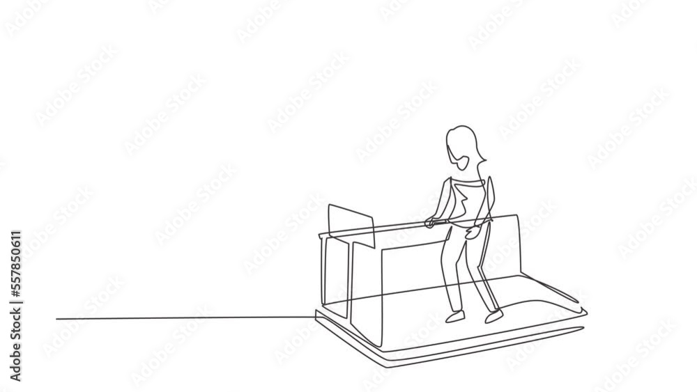 Poster animated self drawing of continuous line draw physiotherapy rehabilitation composition with woman wa