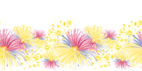 Fototapeta na wymiar Watercolor festive fireworks seamless pattern, colorful border in yellow, blue, magenta red colors on white background