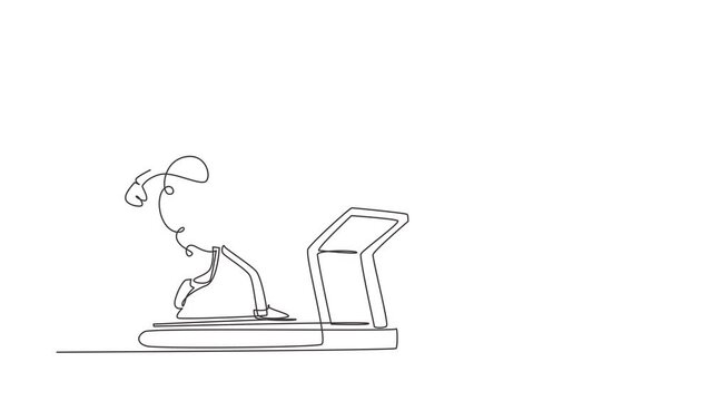 Animated self drawing of continuous line draw brain working out on a treadmill. Work on yourself. Brain workout on a treadmill. Mental exercise. Education concept. Full length single line animation