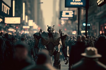 crowd of robots in the city. Movie scenery. Movie concept. Illustration. Generative AI