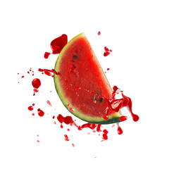 Watermelon slice with red juice spalshing, isolated 