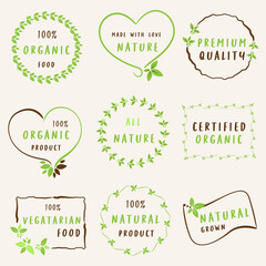 Natural and organic food, farm fresh and organic product stickers, badges, logo and icon for ecommerce, natural and organic products promotion.