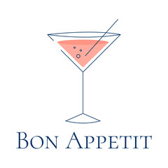 Bon appetit writing. vector sketch. cocktail glass with cocktail