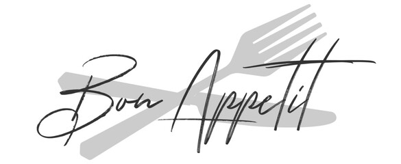 Bon appetit writing with fork and knife. Cutlery fork and spoon with plants. vector sketch. hand drawing isolated	
