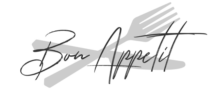 Bon appetit writing with fork and knife. Cutlery fork and spoon with plants. vector sketch. hand drawing isolated	
