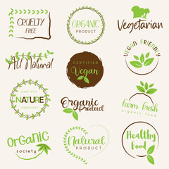 Collection of organic food, eco and natural products stickers, logo, badge, label and stamp for food market, e-commerce, healthy life food and drink promotion.