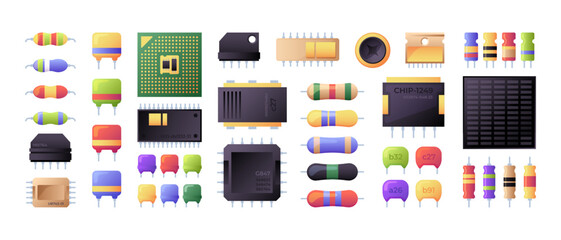 Semiconductor collection. Electrical components chip capacitor microchip processor battery resistor of semiconductor colleciton illustration component - obrazy, fototapety, plakaty