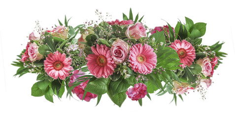 Beautiful floral garland or border with pink flowers and green leaves, isolated