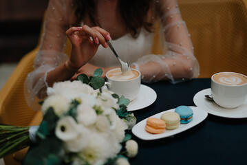 Wedding collage with wedding bouquet, macaroons and coffe