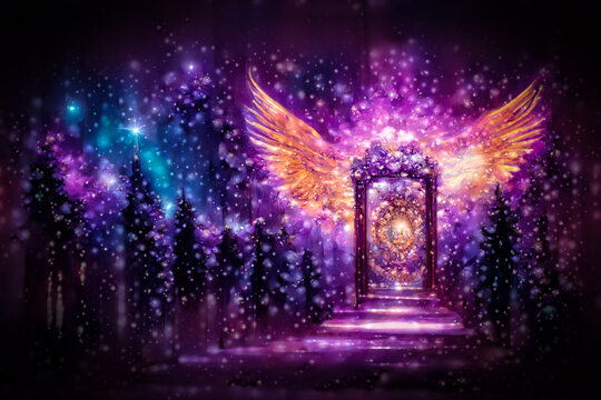 Beautiful crystal heaven. Crystal gate with wings. Digital art.