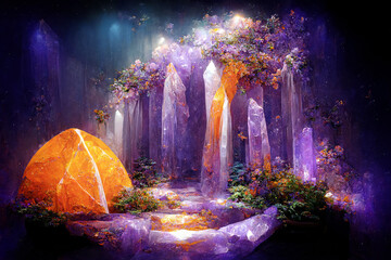 Beautiful crystal forest. Crystal kingdom. Digital art.