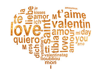 Golden Valentines day love wordcloud in many langages isolated on trnasparent background