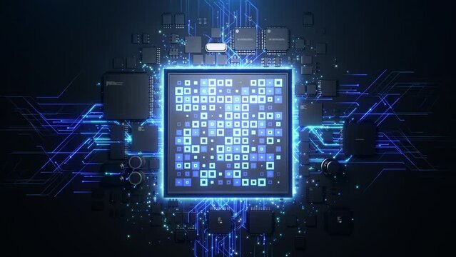 large processor with the effect of computing power. dynamic animation on the theme of microelectronics technology