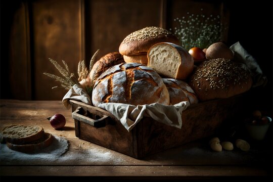 Tray Of Freshly Baked Bread, Representing Sustenance And Tradition. Usable In A Recipe Or Lifestyle Article About Bread-making Or The History Of Bread, REALISTIC (AI Generated)