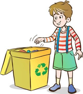 little kid throw trash to trash bin cartoon vector