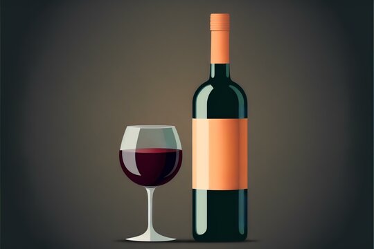 bottle of wine with a wine glass, symbolising celebration and socialising. Usable in an article about wine-tasting or pairing, or in a design for a restaurant or bar, DIGITAL DRAWING (AI Generated)