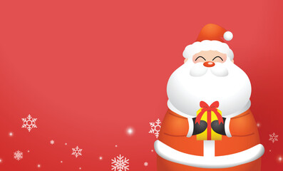 Santa claus vector illustration holding a gift box on a red background. Christmas background with copy space.