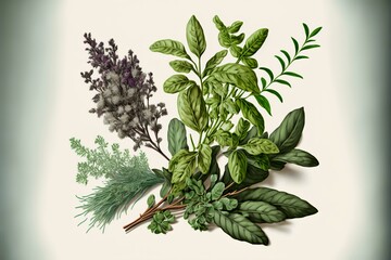 Obraz premium bunch of herbs, representing natural ingredients and flavour. Usable in a recipe or lifestyle article about the benefits of using fresh herbs in cooking (AI Generated)