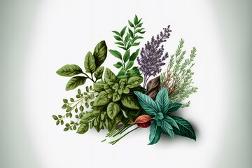 bunch of herbs, representing natural ingredients and flavour. Usable in a recipe or lifestyle article about the benefits of using fresh herbs in cooking (AI Generated)