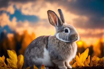 Fototapeta na wymiar close-up of a single rabbit, with a soft, gentle expression and a background of swirling autumn clouds, REALISTIC (AI Generated)