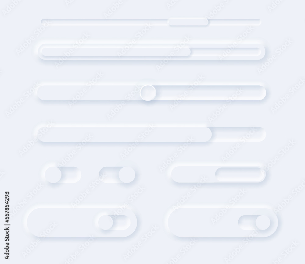 Poster sliders white neumorphism 3d of set convex. vector of slider interface switch button app, settings e