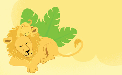 Happy father's day celebration vector illustration for card or banner. A sitting lion with his cub on his back. Animals from savannah.